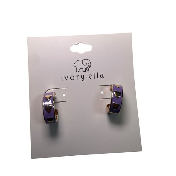 Ivory Ella Gold Huggie Hoop Earrings Purple Enamel with Gold Hearts NWT - Picture 1 of 5